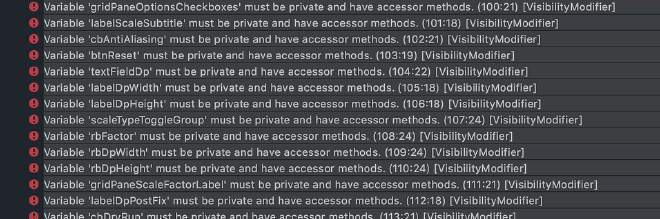 Screenshot of the IntelliJ Checkstyle Plugin showing some issues